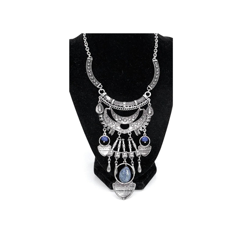 Next Boho Statement Necklace Silver Tone Blue Stone Tribal Bib